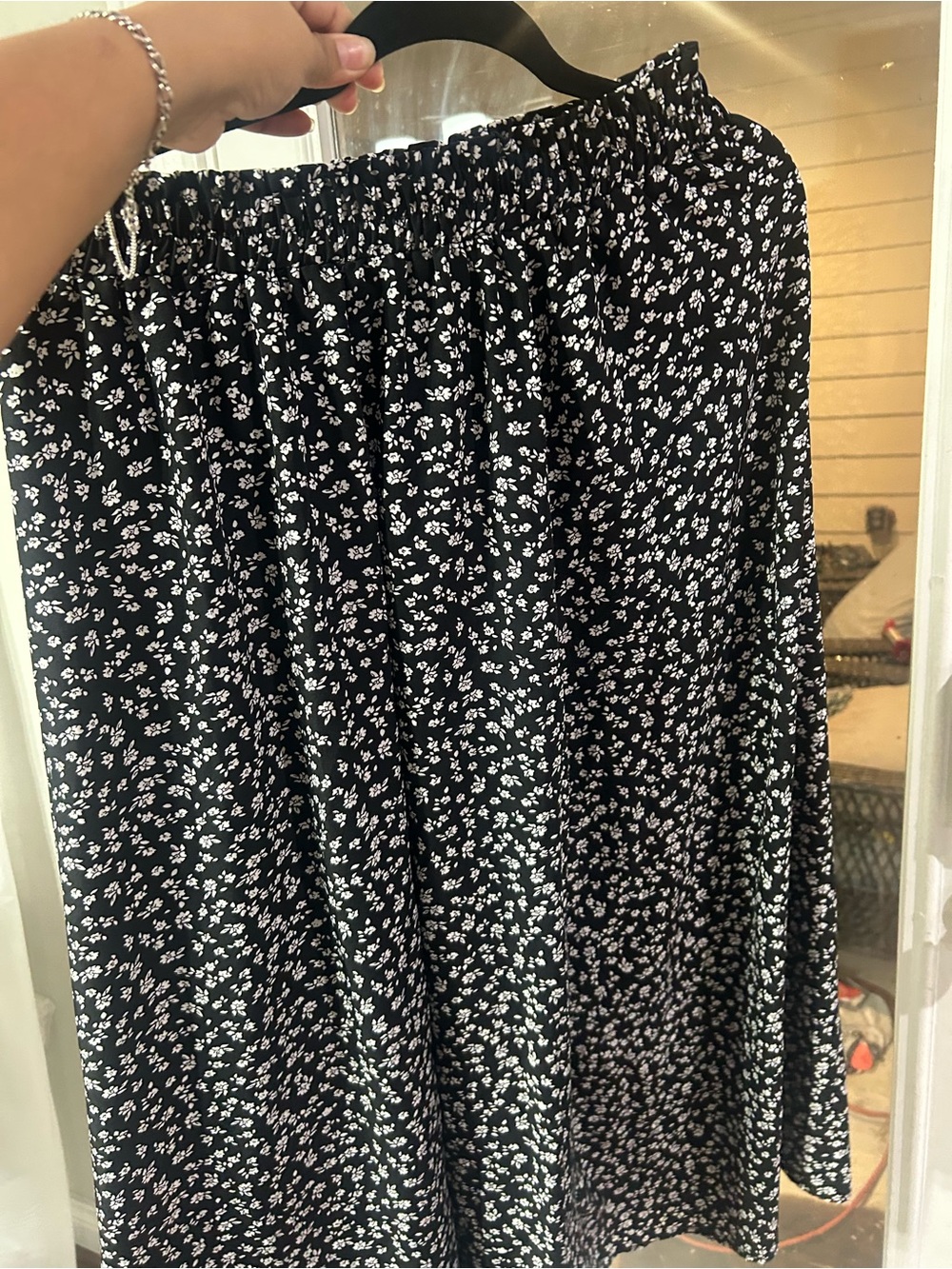 Black Floral Midi Skirt - Elastic Waist